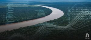 Representação da Floresta Amazônica com sobreposições de dados digitais, simbolizando a união de tecnologia e sustentabilidade na COP30.